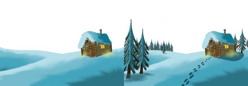 Winter Landscape Process. Cabin is first illustrated, hills, tree, sky, moon and stars are added.