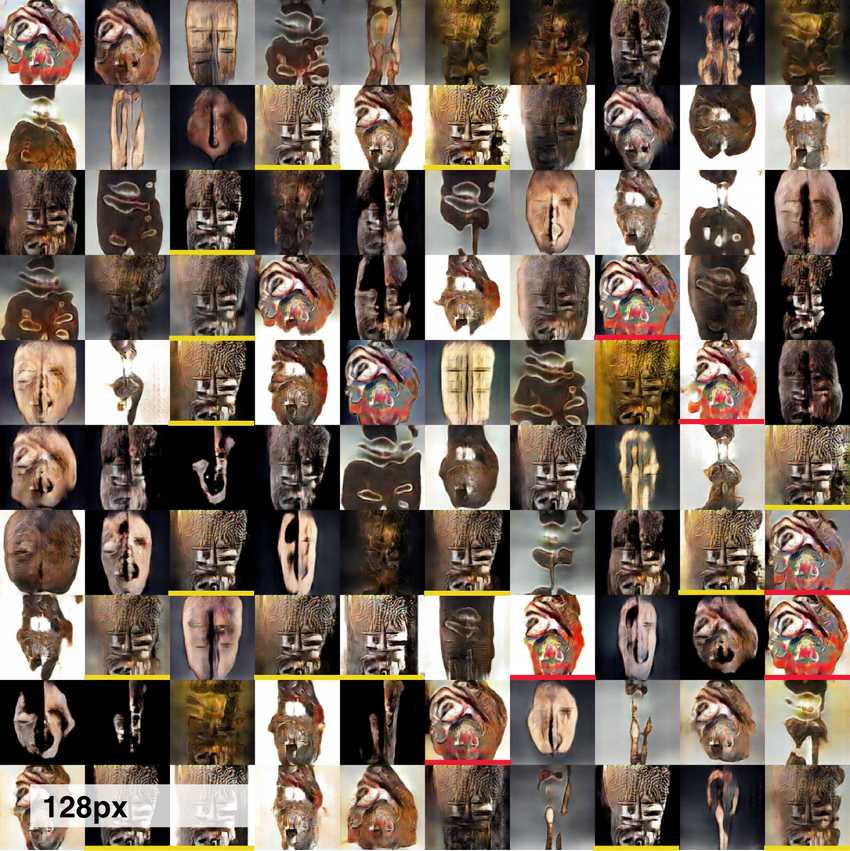 128px images generated using a DCGAN, fixed noise vector (dim=100), 15k steps, batch size 1024. Notice how several 'modes' appear to emerge within the generated masks (highlighted with same color). While this may be as a result of the sample size. However this does not occur to the same degree when generating 64px images using similar training parameters