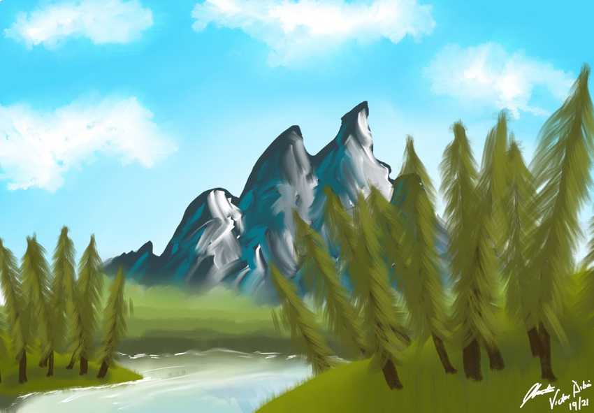 Attempt #1: A landscape view - mountain, river, hills, trees.