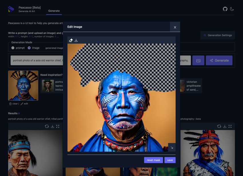 Screenshot of the Peacasso UI showing how a stable diffusion model can be used to generate parts of an image.