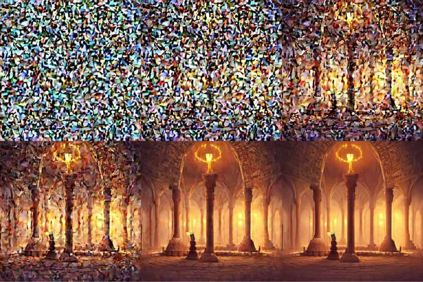 Images decoded from a latent diffusion model at various time steps in the denoising loop