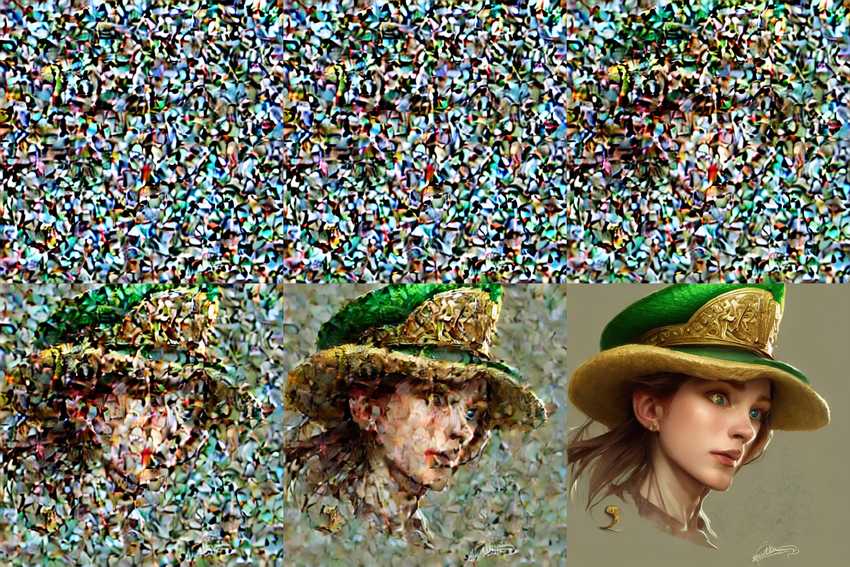 Images decoded from a latent diffusion model at various time steps in the denoising loop.