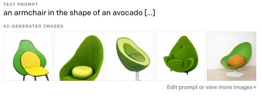 DALL·E generates images for the prompt 'an armchair in the shape of an avocado'. Source: OpenAI