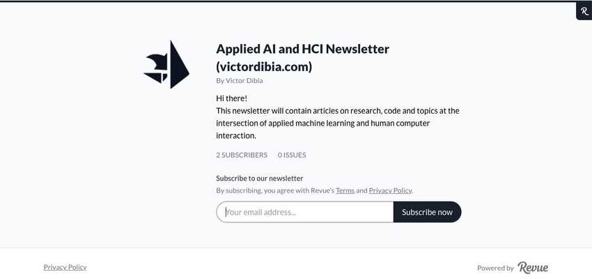 Newsletter homepage on Revue for victordibia.com