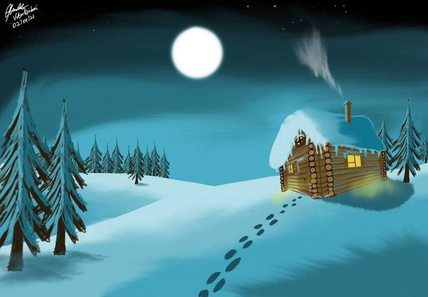 Winter Landscape Process. Cabin is first illustrated, hills, tree, sky, moon and stars are added.