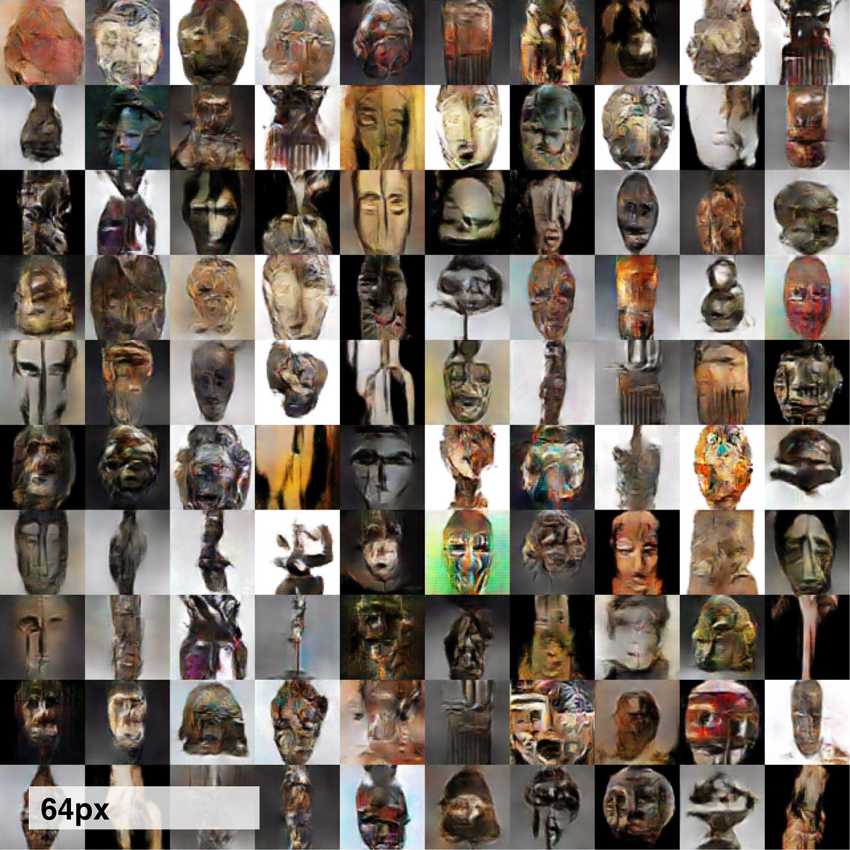 64px images generated using a fixed noise vector (dim=100) 15k steps, batch size 1024. These results show more diversity compared to the 128px images