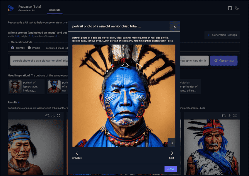 Peacasso: A UI Interface for Generating AI Art. The image is generated solely based on a text prompt (text-to-image).