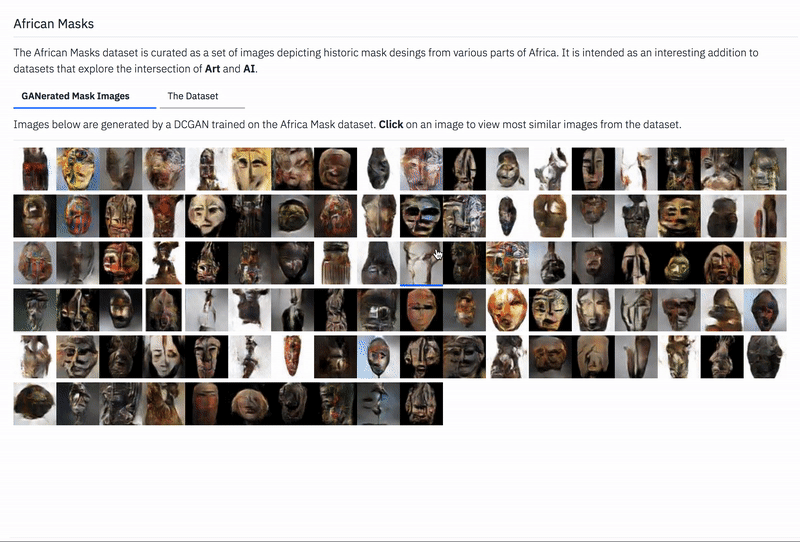 Web demo interface allows you view generated images and most similar from the dataset based on features extracted from a VGG network (block1_pool and block5_pool).